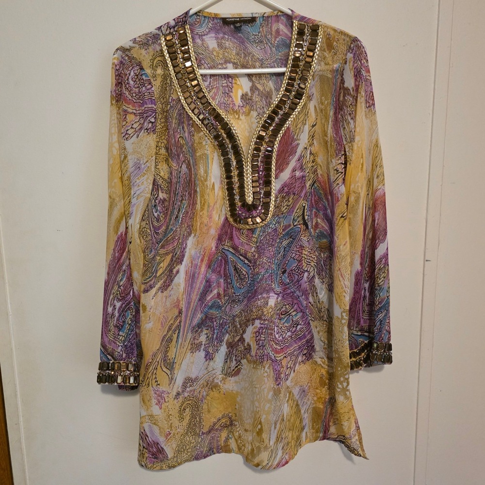 Adrienne Vittadini Womens Beaded Tunic Top Size Medium Yellow Paisley Floral